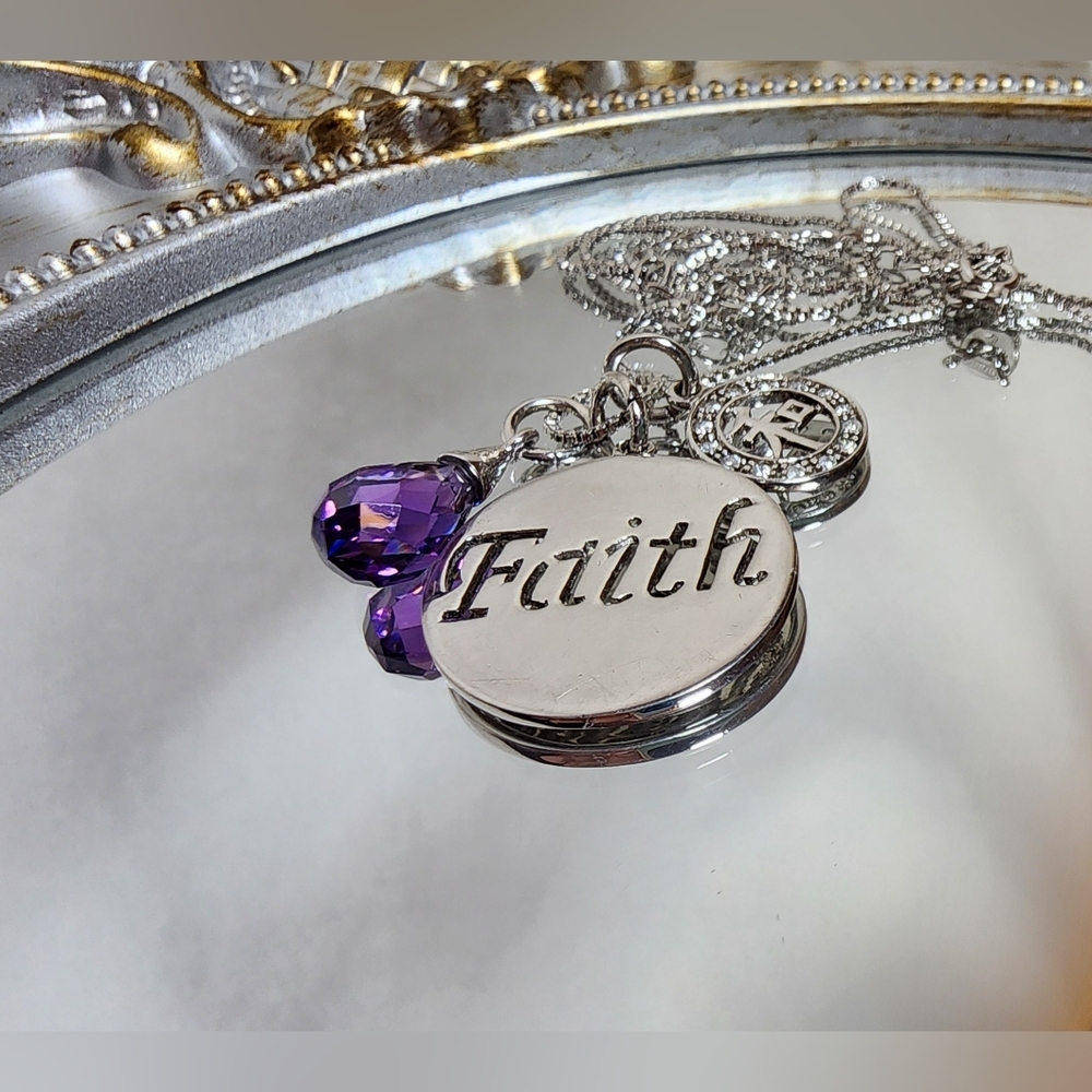 925 Sterling Silver Italy "Faith" Charm Necklace Amethyst Crystal & Rhinestones
